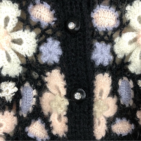 RARE‼️ Crochet Cardigan Mohair Black Floral Button Down , by Flame Size L - Picture 9 of 16